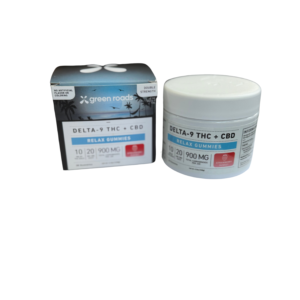 Green Roads Delta-9 THC + CBD Relax Gummies – 900mg jar with box in Strawberry flavor, 20 gummies per container.