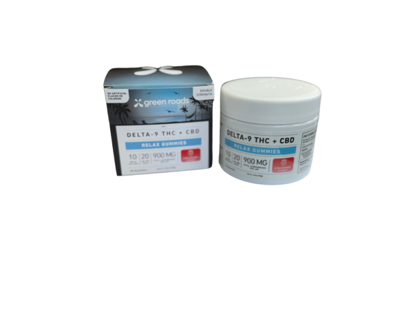Green Roads Delta-9 THC + CBD Relax Gummies – 900mg jar with box in Strawberry flavor, 20 gummies per container.