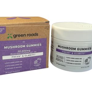 Green Roads Mushroom Gummies for Focus & Clarity – 30,000mg mushroom complex with CBD and CBG, shown with product box and jar.