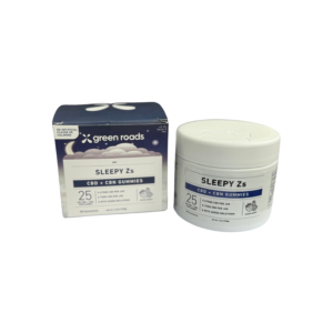 Green Roads Sleepy Zs Gummies with CBD, CBN, and melatonin – 30-count jar and retail box in blackberry flavor.